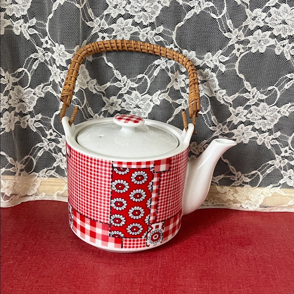 VintageRed and White gingham Teapot with Wicker Handle
